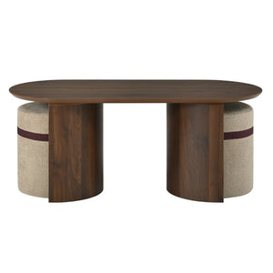 English Elm U-Can Oval Walnut Finish Coffee Table with Two Tucking Poufs for Small Living Rooms SJ000168AAM