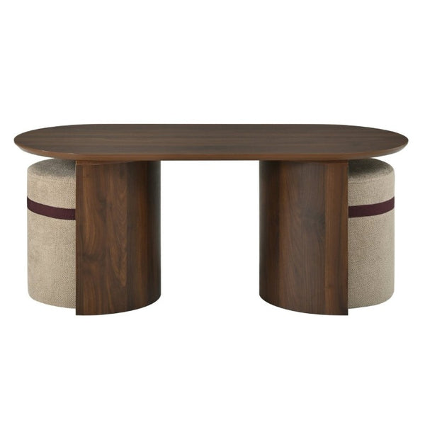 English Elm U-Can Oval Walnut Finish Coffee Table with Two Tucking Poufs for Small Living Rooms SJ000168AAM