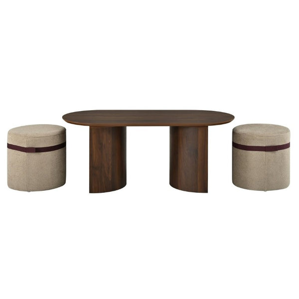 English Elm U-Can Oval Walnut Finish Coffee Table with Two Tucking Poufs for Small Living Rooms SJ000168AAM