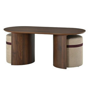 English Elm U-Can Oval Walnut Finish Coffee Table with Two Tucking Poufs for Small Living Rooms SJ000168AAM
