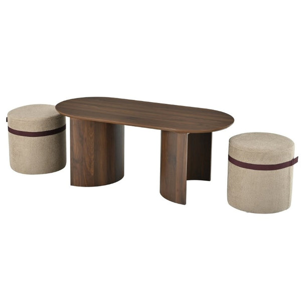 English Elm U-Can Oval Walnut Finish Coffee Table with Two Tucking Poufs for Small Living Rooms SJ000168AAM
