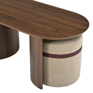 English Elm U-Can Oval Walnut Finish Coffee Table with Two Tucking Poufs for Small Living Rooms SJ000168AAM