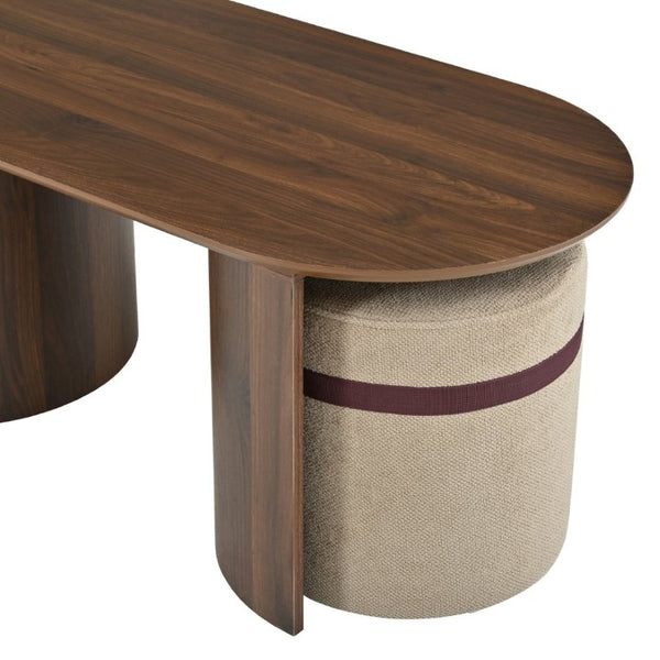 English Elm U-Can Oval Walnut Finish Coffee Table with Two Tucking Poufs for Small Living Rooms SJ000168AAM