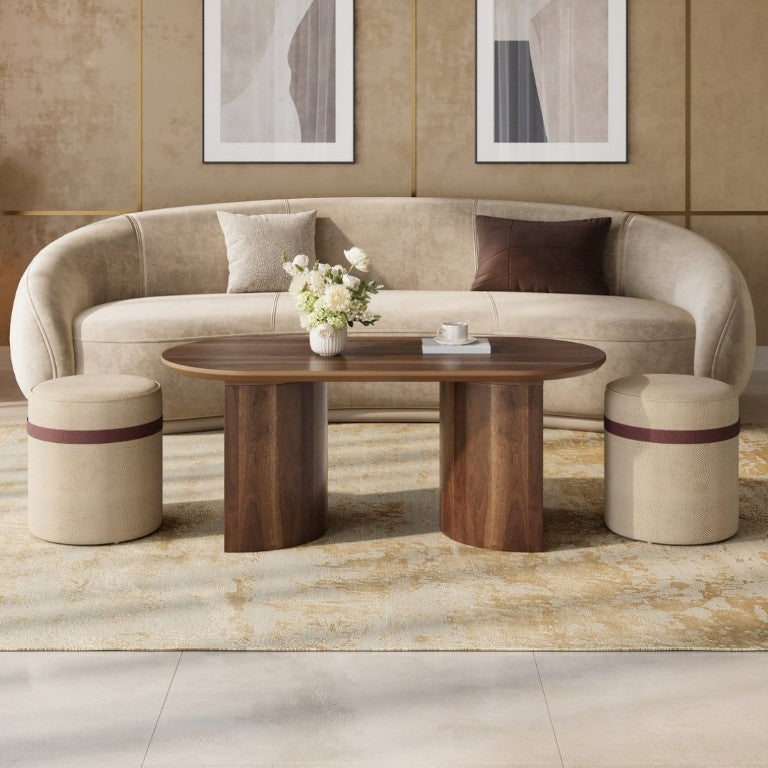English Elm U-Can Oval Walnut Finish Coffee Table with Two Tucking Poufs for Small Living Rooms SJ000168AAM