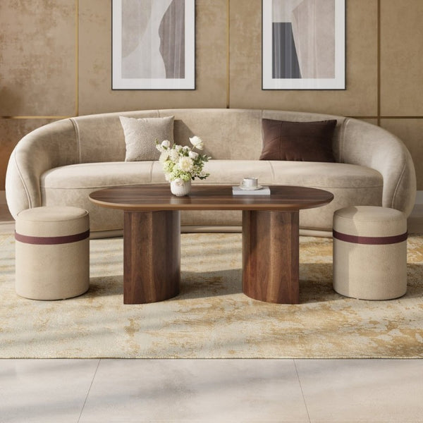 English Elm U-Can Oval Walnut Finish Coffee Table with Two Tucking Poufs for Small Living Rooms SJ000168AAM
