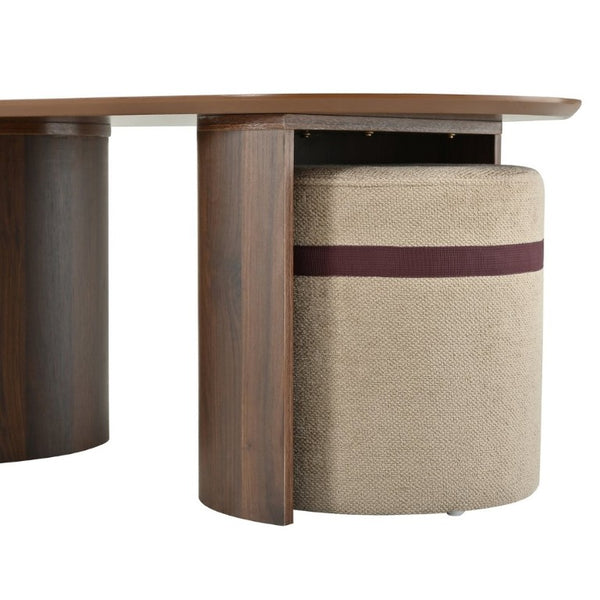 English Elm U-Can Oval Walnut Finish Coffee Table with Two Tucking Poufs for Small Living Rooms SJ000168AAM