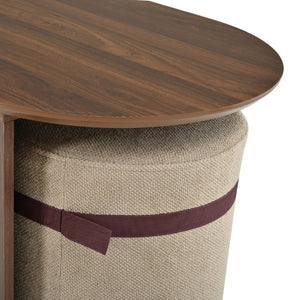 English Elm U-Can Oval Walnut Finish Coffee Table with Two Tucking Poufs for Small Living Rooms SJ000168AAM
