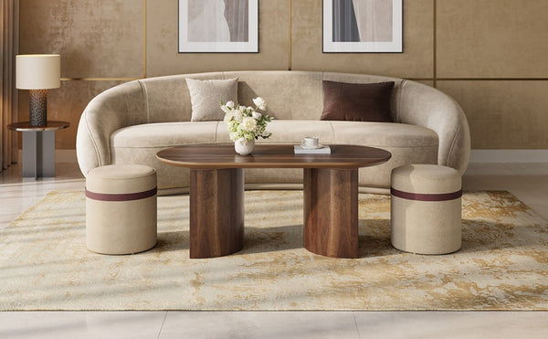 English Elm U-Can Oval Walnut Finish Coffee Table with Two Tucking Poufs for Small Living Rooms SJ000168AAM