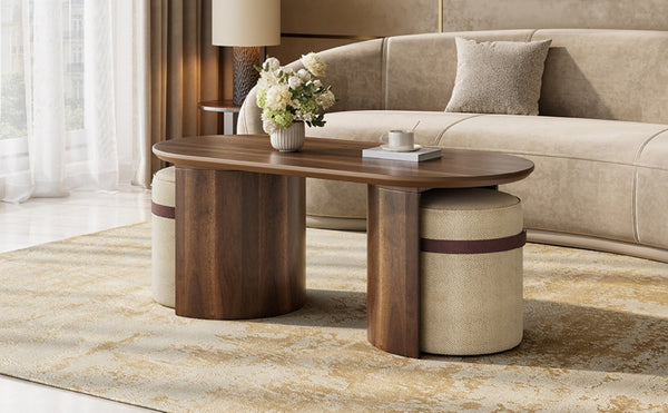 English Elm U-Can Oval Walnut Finish Coffee Table with Two Tucking Poufs for Small Living Rooms SJ000168AAM