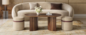English Elm U-Can Oval Walnut Finish Coffee Table with Two Tucking Poufs for Small Living Rooms SJ000168AAM