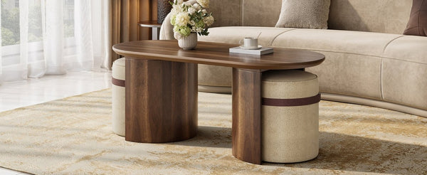 English Elm U-Can Oval Walnut Finish Coffee Table with Two Tucking Poufs for Small Living Rooms SJ000168AAM