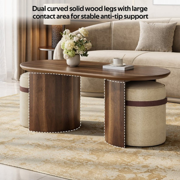 English Elm U-Can Oval Walnut Finish Coffee Table with Two Tucking Poufs for Small Living Rooms SJ000168AAM