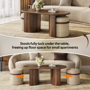 English Elm U-Can Oval Walnut Finish Coffee Table with Two Tucking Poufs for Small Living Rooms SJ000168AAM