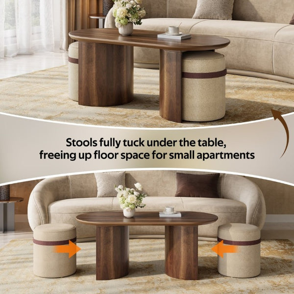 English Elm U-Can Oval Walnut Finish Coffee Table with Two Tucking Poufs for Small Living Rooms SJ000168AAM