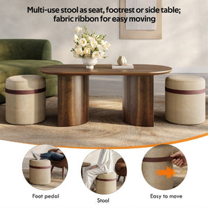 English Elm U-Can Oval Walnut Finish Coffee Table with Two Tucking Poufs for Small Living Rooms SJ000168AAM