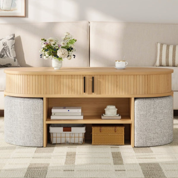 English Elm U-Can Oval Oak Effect Coffee Table with Nested Fabric Stools and Dual Storage Shelves SJ000169AAD