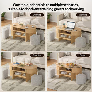 English Elm U-Can Oval Oak Effect Coffee Table with Nested Fabric Stools and Dual Storage Shelves SJ000169AAD