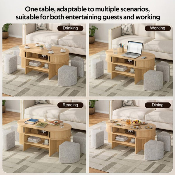 English Elm U-Can Oval Oak Effect Coffee Table with Nested Fabric Stools and Dual Storage Shelves SJ000169AAD
