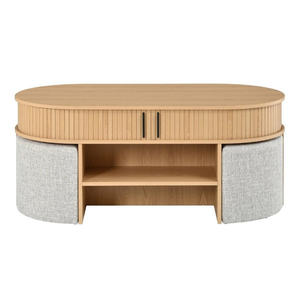 English Elm U-Can Oval Oak Effect Coffee Table with Nested Fabric Stools and Dual Storage Shelves SJ000169AAD