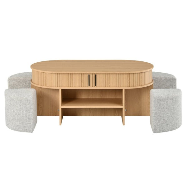 English Elm U-Can Oval Oak Effect Coffee Table with Nested Fabric Stools and Dual Storage Shelves SJ000169AAD