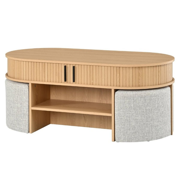 English Elm U-Can Oval Oak Effect Coffee Table with Nested Fabric Stools and Dual Storage Shelves SJ000169AAD