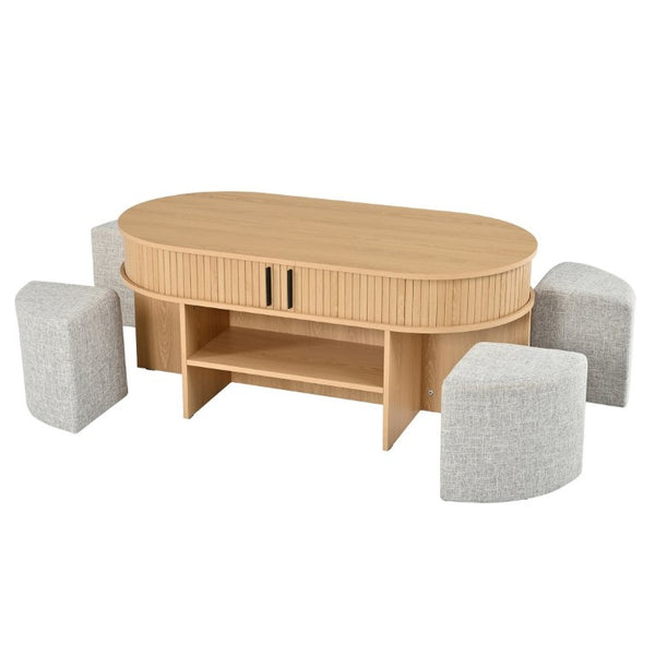 English Elm U-Can Oval Oak Effect Coffee Table with Nested Fabric Stools and Dual Storage Shelves SJ000169AAD