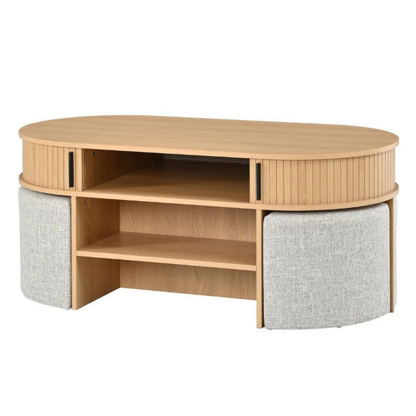 English Elm U-Can Oval Oak Effect Coffee Table with Nested Fabric Stools and Dual Storage Shelves SJ000169AAD