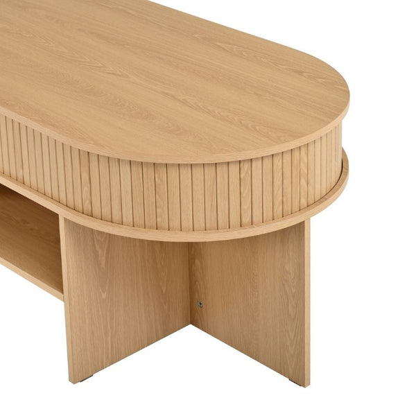 English Elm U-Can Oval Oak Effect Coffee Table with Nested Fabric Stools and Dual Storage Shelves SJ000169AAD