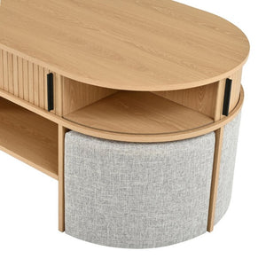 English Elm U-Can Oval Oak Effect Coffee Table with Nested Fabric Stools and Dual Storage Shelves SJ000169AAD