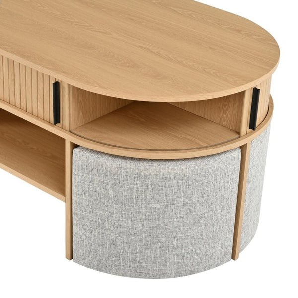 English Elm U-Can Oval Oak Effect Coffee Table with Nested Fabric Stools and Dual Storage Shelves SJ000169AAD