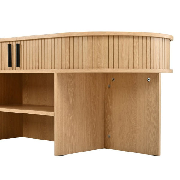 English Elm U-Can Oval Oak Effect Coffee Table with Nested Fabric Stools and Dual Storage Shelves SJ000169AAD
