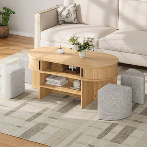English Elm U-Can Oval Oak Effect Coffee Table with Nested Fabric Stools and Dual Storage Shelves SJ000169AAD