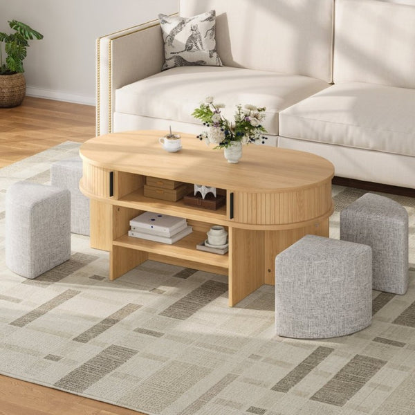 English Elm U-Can Oval Oak Effect Coffee Table with Nested Fabric Stools and Dual Storage Shelves SJ000169AAD