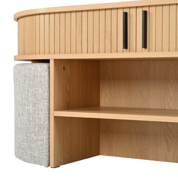 English Elm U-Can Oval Oak Effect Coffee Table with Nested Fabric Stools and Dual Storage Shelves SJ000169AAD