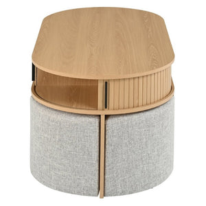 English Elm U-Can Oval Oak Effect Coffee Table with Nested Fabric Stools and Dual Storage Shelves SJ000169AAD