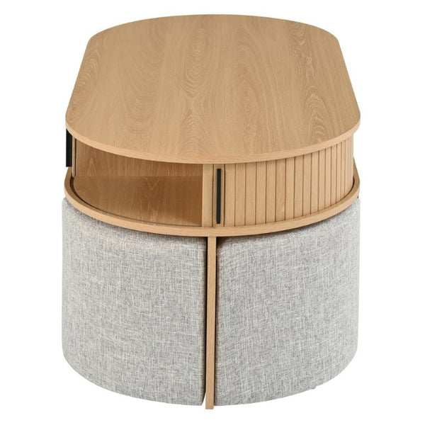 English Elm U-Can Oval Oak Effect Coffee Table with Nested Fabric Stools and Dual Storage Shelves SJ000169AAD