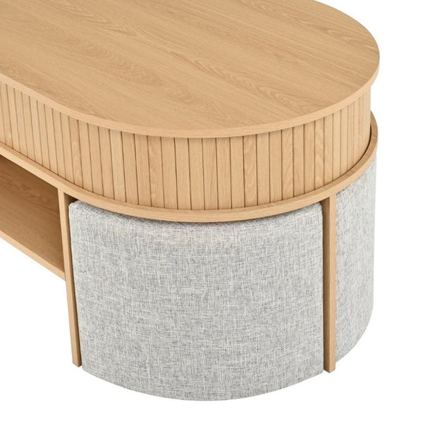 English Elm U-Can Oval Oak Effect Coffee Table with Nested Fabric Stools and Dual Storage Shelves SJ000169AAD
