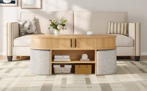 English Elm U-Can Oval Oak Effect Coffee Table with Nested Fabric Stools and Dual Storage Shelves SJ000169AAD