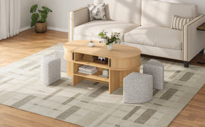 English Elm U-Can Oval Oak Effect Coffee Table with Nested Fabric Stools and Dual Storage Shelves SJ000169AAD