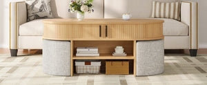 English Elm U-Can Oval Oak Effect Coffee Table with Nested Fabric Stools and Dual Storage Shelves SJ000169AAD