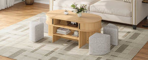 English Elm U-Can Oval Oak Effect Coffee Table with Nested Fabric Stools and Dual Storage Shelves SJ000169AAD