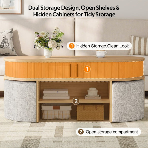 English Elm U-Can Oval Oak Effect Coffee Table with Nested Fabric Stools and Dual Storage Shelves SJ000169AAD