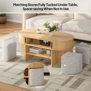 English Elm U-Can Oval Oak Effect Coffee Table with Nested Fabric Stools and Dual Storage Shelves SJ000169AAD
