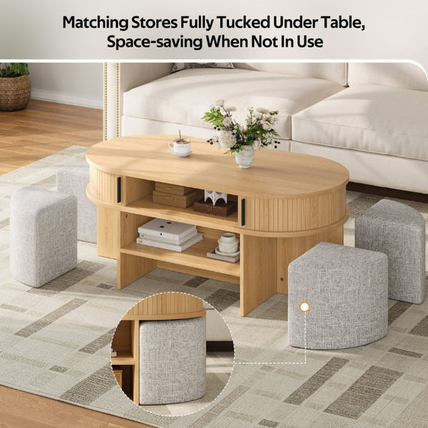 English Elm U-Can Oval Oak Effect Coffee Table with Nested Fabric Stools and Dual Storage Shelves SJ000169AAD