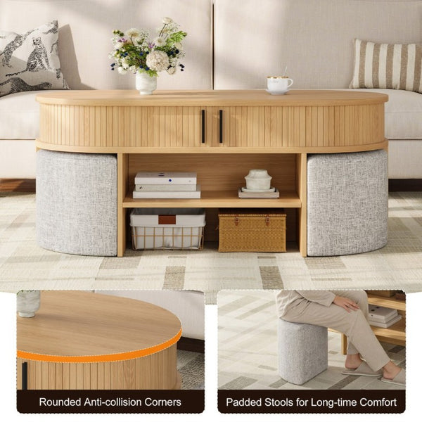 English Elm U-Can Oval Oak Effect Coffee Table with Nested Fabric Stools and Dual Storage Shelves SJ000169AAD