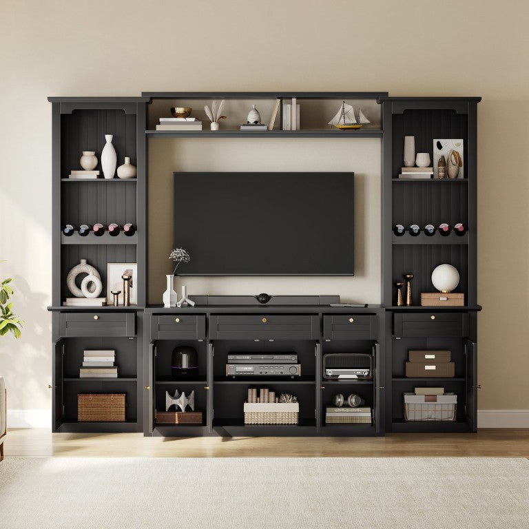 English Elm U-Can Modular Wall Entertainment Center with Wine Racks Glass Doors and Five Drawers SJ000170AAB