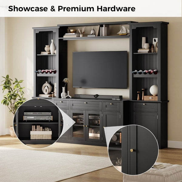 English Elm U-Can Modular Wall Entertainment Center with Wine Racks Glass Doors and Five Drawers SJ000170AAB