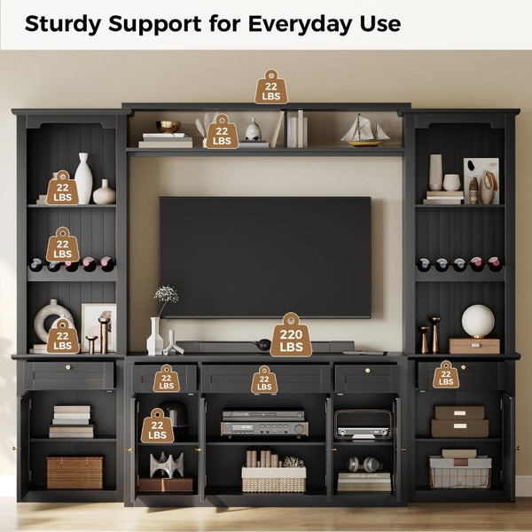 English Elm U-Can Modular Wall Entertainment Center with Wine Racks Glass Doors and Five Drawers SJ000170AAB