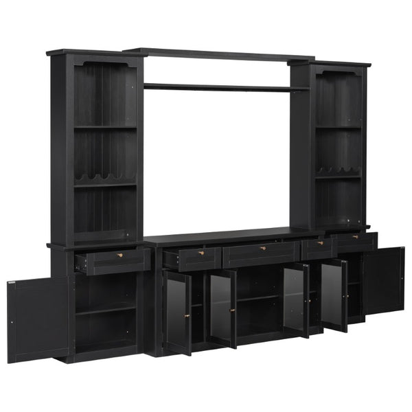 English Elm U-Can Modular Wall Entertainment Center with Wine Racks Glass Doors and Five Drawers SJ000170AAB