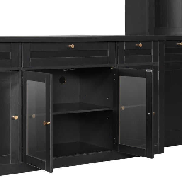 English Elm U-Can Modular Wall Entertainment Center with Wine Racks Glass Doors and Five Drawers SJ000170AAB